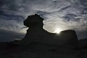 The Sphinx in backlight, a rock formation at National Park Parque Provincial Ischigualasto, Central Andes, Argentina