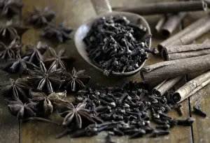 Smelling Prints: Spices, cloves, star anise and cinnamon sticks with wooden spoon on rustic wood