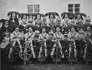 A Spinning Room Society in the Spreewald, Women with Spinning Wheel, Germany, Photo from 1895, Historic, Digital Reproduction of an Original 19th-century Original