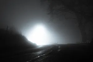 Lights Gallery: A spooky, eerie country road passing through a hill. With a light in the distance