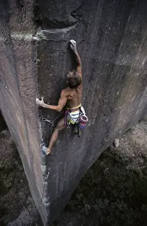 One Mid Adult Man Only Prints: Sports climber on the difficult Avalon route in Unterabtsteinach