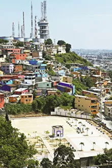 Images Dated 25th July 2014: Sports ground, colourful houses and radio masts on Cerro del Carmen, Guayaquil, Guayas Province