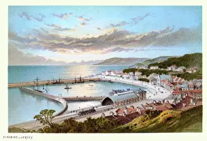 St. Aubin's harbour, Jersey, Channel Islands, town, fishing port, Railway, Victorian landscape art 19th Century