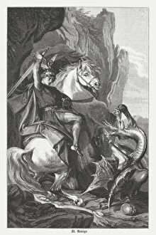 Horseback Riding Gallery: St Georges Battle with the Dragon, wood engraving, published 1882