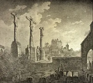 St. John's Cemetery with Crucifixion Group and View to the Castle, 1819, Nuremberg, Bavaria, Germany, Historical, digitally restored reproduction from a 19th century original