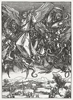 Images Dated 25th August 2014: St Michael Fighting the Dragon, wood engraving, by Albrecht Durer