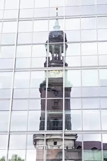 The St. Michaelis Church reflected in a glass facade, Hamburg, Germany