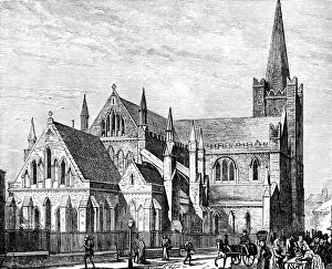 Prints of A busy scene outside St Patricks Cathedral in Dublin. Ireland. St Patricks is the Anglican National Cathedral of the Church of Ireland Dublin, Ireland Prints: St Patricks Cathedral, Dublin (Victorian engraving)