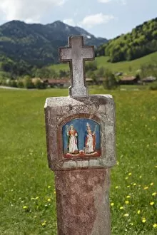 St. Rupert and St. Virgil on a wayside shrine, Ruhpolding, Chiemgau region, Upper Bavaria, Bavaria, Germany, Europe