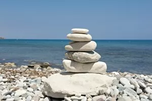 Stefan Auth Travel Photography Collection: Stacked stones, cairn on the beach, gravel beach, Pissouri Beach, Cape Aspro