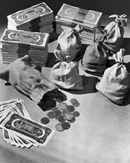 Opulence Prints: Stacks of $100 Bills, Coins, and Money Bags