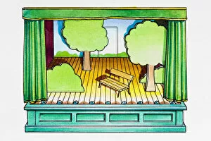 Stage set showing trees and empty bench