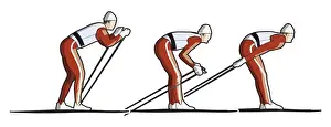 Winter Sport Prints: Three stages of cross-country skier pushing forward with two poles, double poling