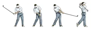 Multiple Image Prints: Four stages of golfer performing downswing and impact