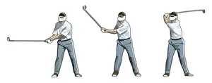 Multiple Image Prints: Three stages of golfer swinging golf club, takeaway