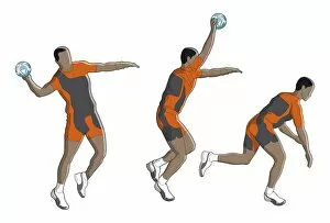 Horizontal Image Gallery: Three stages of handballer performing overhead pass