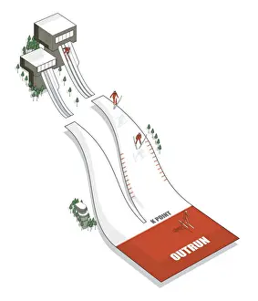Winter Sport Prints: Three stages of ski jumper descending down jump