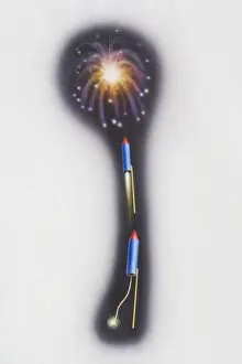 Exploding Prints: The stages of a sky rocket firework being lit and exploding in night sky