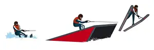Multiple Image Prints: Three stages of water skier approaching and jumping off ramp