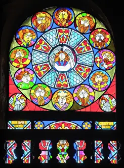 Prints of A colorful stained glass window in Holy Mother Virgin Nativity Cathedral, a Georgian Orthodox cathedral built in the early 1900s, in downtown Batumi, the capital city of Adjara region of Georgia Capturing the Beauty of Landscapes, Travel, and Nature: Stained Glass Window, Holy Mother Virgin Nativity Cathedral, Batumi, Adjara, Georgia