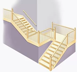 Staircase with landing and wooden railings