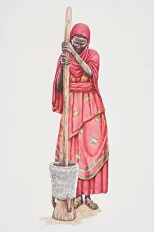 Desert Prints: Standing African woman in traditional Somalian clothing pounding grain in a clay pot using a stick