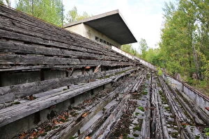 Wooden Gallery: Empty stands of abandoned stadium in Pripyat city near Chernobyl