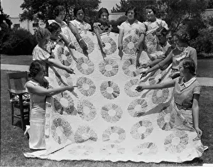 Santa Barbara Prints: State College Coeds of Quilting Bee Showing Finished Work