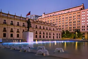 Fountains Prints: The Statue of the President Arturo Alessandri at Citizenry Square with La Moneda Palace in the Background