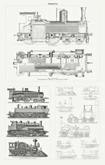 Images Dated 17th October 2018: Steam locomotives from the 19th century, wood engravings, published 1897