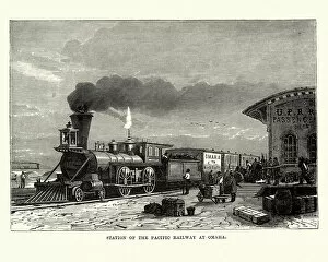 Wild West Gallery: Steam train, station of Pacific Railway at Omaha, 19th Century