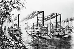 Boat Race Prints: Steamboats Docking on Shore
