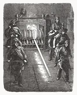 Steel workers in the past, wood engraving, published in 1893