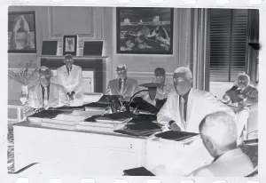 Udall Prints: Stewart Udall Holding Press Conference on Discrimination in His Office