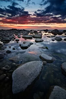 Stone beach at sunset