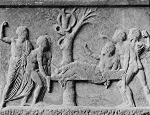 Stone Drawing of Nurses and Sick Patient at Tree
