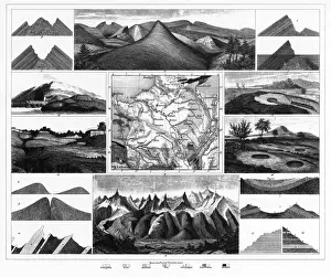 Depression Land Feature Prints: Stratification in Mountains and Basins; Fissures and Craters Engraving