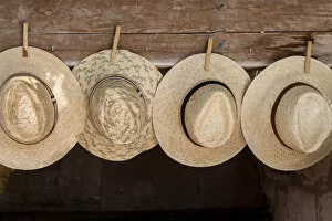 Images Dated 15th June 2011: Straw hats for sale, farmers market in Sineu, Majorca, Balearic Islands, Spain