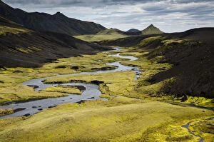 Images Dated 28th August 2011: Stream with moss-covered mountains, landscape near Maelifell, Highland, Iceland, Europe