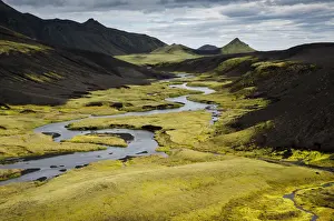 Highlands Prints: Stream with moss-covered mountains, landscape near Maelifell, Highland, Iceland, Europe