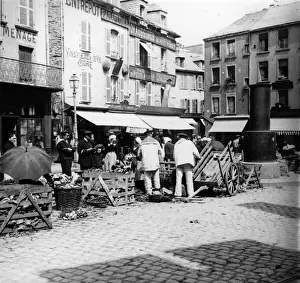 Prints of circa 1902: Customers stand round a fruit and vegetable stall in Cherbourg Market. (Photo by F J Mortimer/Getty Images) Francis James Mortimer (1874-1944) Prints: Street Market