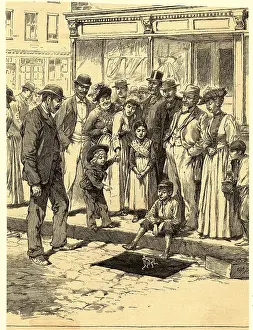 Street Peddler Demonstrating Toys for Crowd