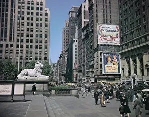 Street Scene at New York Library Including Lion Statue