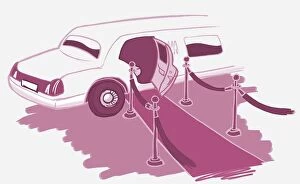Stretch limousine, opened front door leading out onto purple carpet with barriers on either side