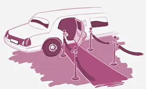 Limousine Prints: Stretch limousine, opened front door leading out onto purple carpet with barriers on either side