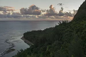 Cloudy Sky Collection: Stunning view along Hanakapiai portion of the Kalalau Trail, Kauai, Hawaii, USA