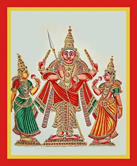 Varada Mudra Prints: Subrahmanya flanked by the goddess Devasena and Vall