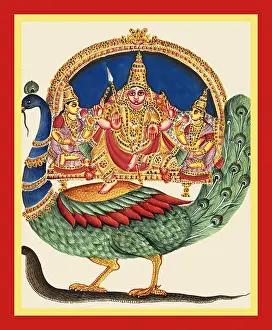 Varada Mudra Prints: Subrahmanya, Valli and Devasena on the back of a peacock