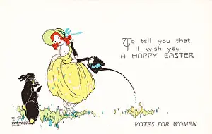 Prints of Holiday postcard depicting a young woman looking at a pair of rabbits while watering a garden, with a generic Easter verse and the words 'Votes for Women' beneath the greeting Historic Moments from the Women’s Fight for the Vote: Suffrage Easter Card