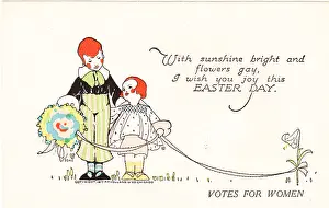 Prints of Holiday postcard depicting a small boy and girl holding flowers and ribbon, with a generic Easter verse and the words 'Votes for Women' beneath the greeting Historic Moments from the Women’s Fight for the Vote: Suffrage Easter Card